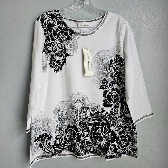 Alfred Dunner Tops - Alfred Dunner Crew Neck Black/White 3/4 Sleeve Blouse Medium Goth Floral Rhinest